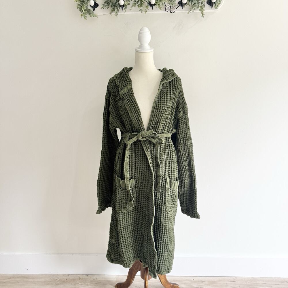 ONSEN Green Terry Cloth Waffle Hooded bath Robe With Belt